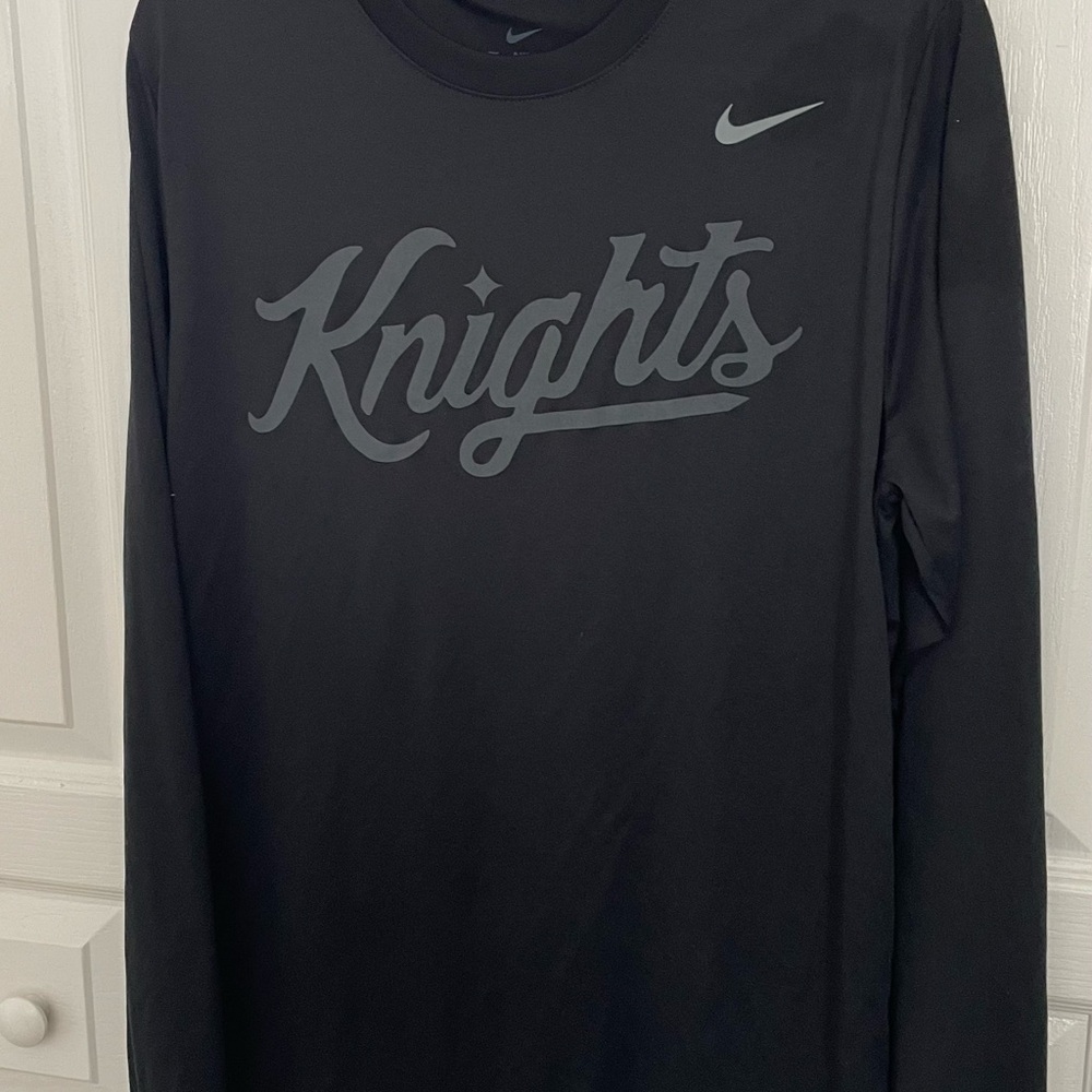 Nike Men's Black Long Sleeve Dry Fit Tee with Gray 'Knights' Logo